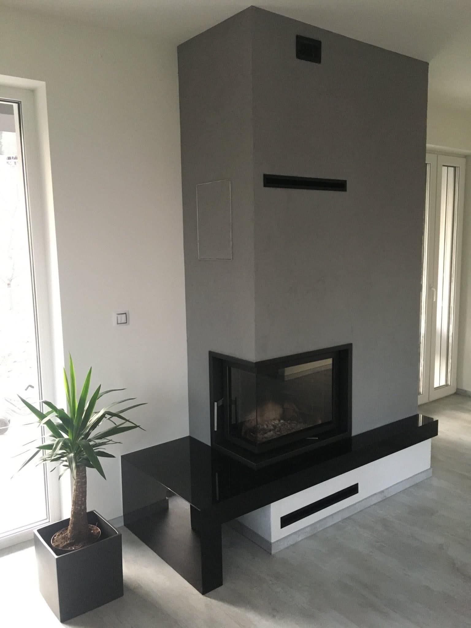Hotová moderní obestavba rohové krbové vložky